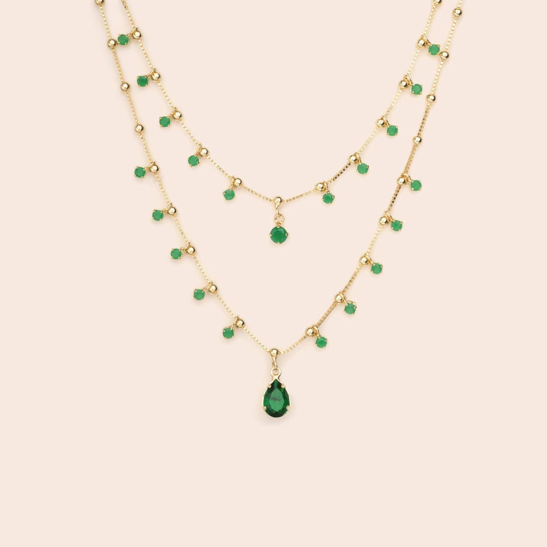 Double Layered Green CZ Dangle Necklace - Gemlet