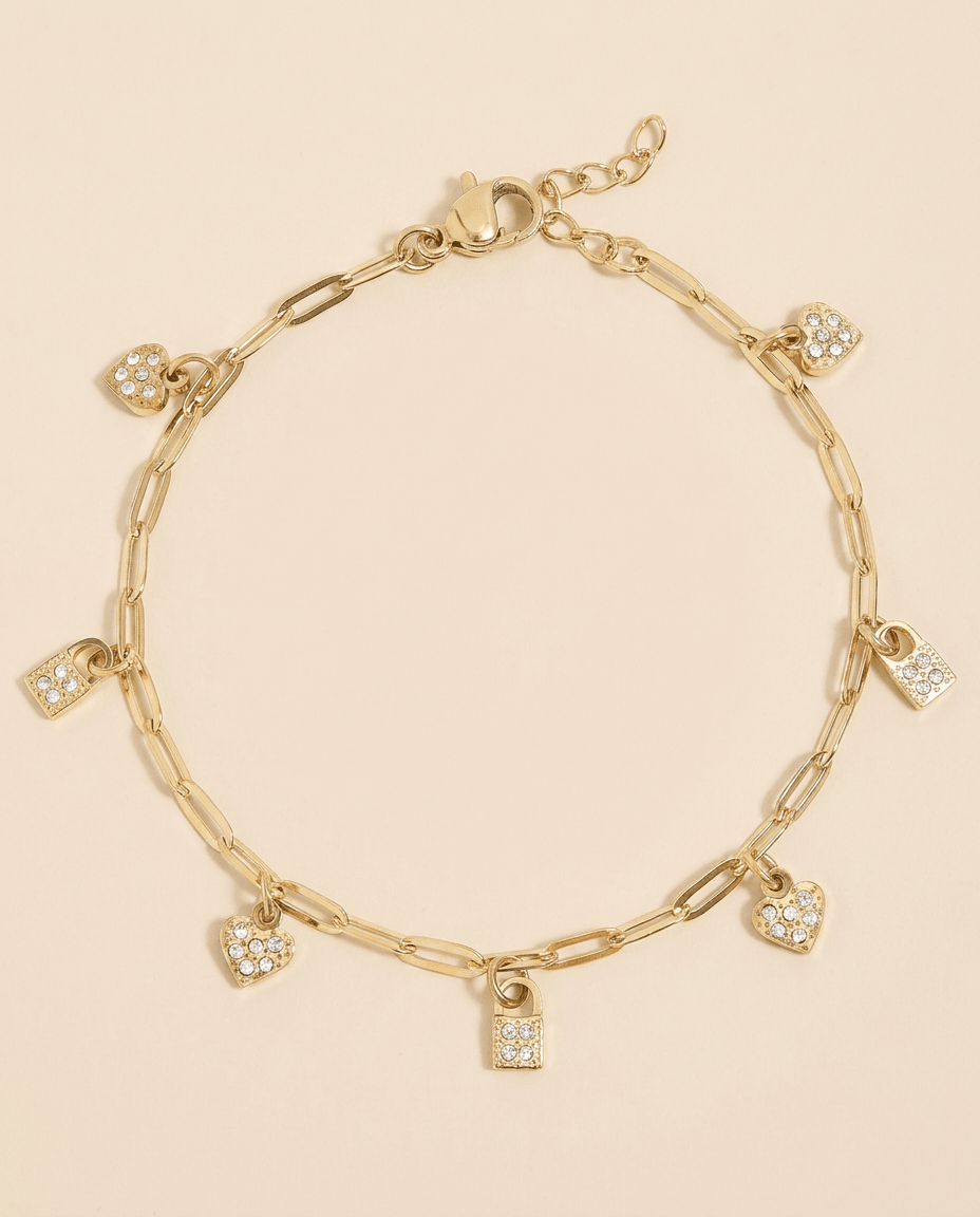Heart &amp; Lock Dangle Charm Bracelet - Gemlet