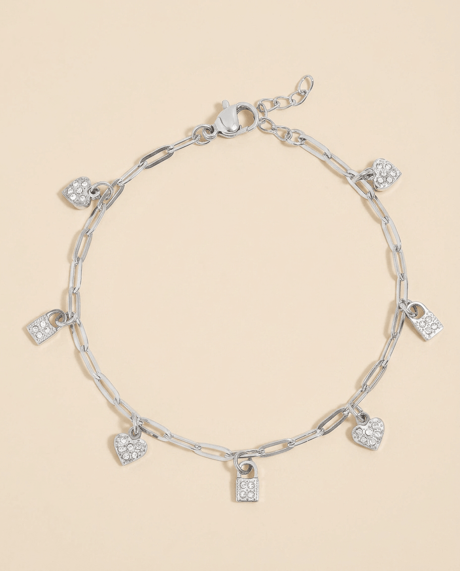 Heart &amp; Lock Dangle Charm Bracelet - Gemlet