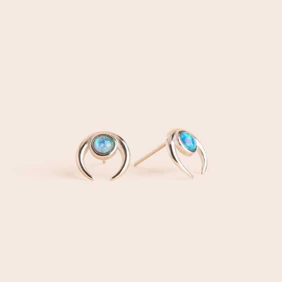 Load image into Gallery viewer, Blue Opal Crescent Moon Phase Stud Earrings - Gemlet
